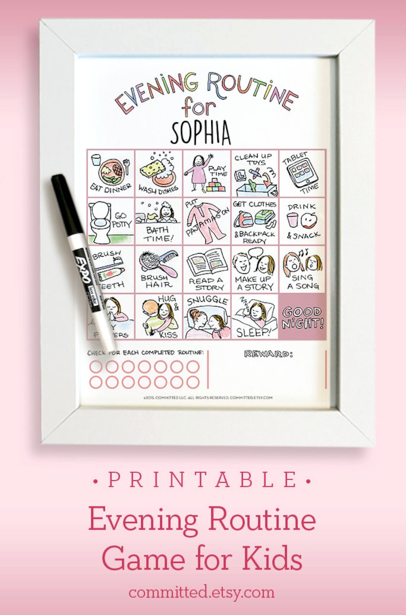 Printable Bedtime Routine Chart Game for Toddler & Preschooler Dry Erase Hand-Illustration Evening Routine Girl image 1