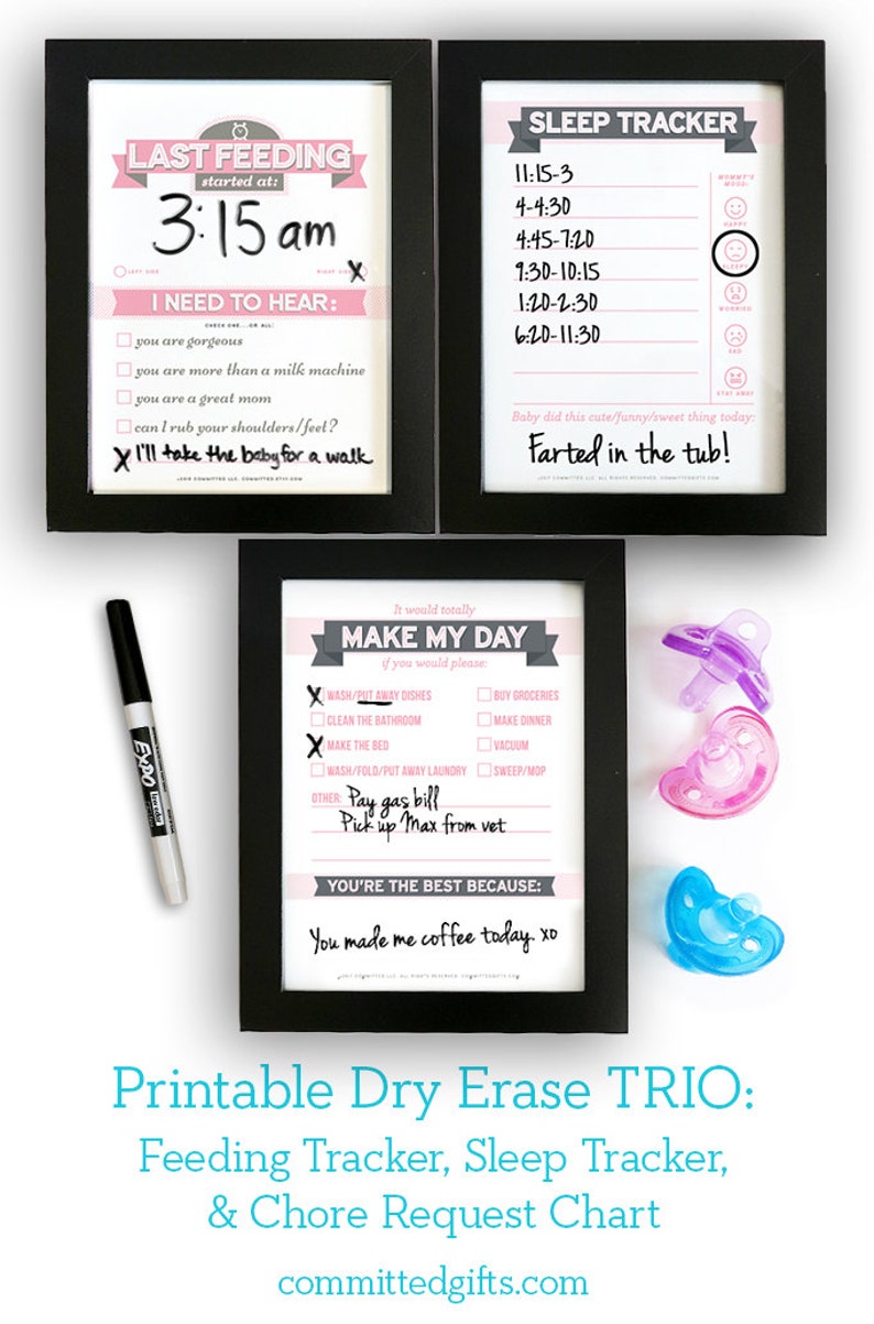 Printable: Dry Erase TRIO Newborn Feeding Tracker, Sleep Tracker, Chore Chart, Pink DIY Baby Shower Gift. Last Feeding Tracker. image 1