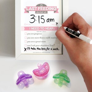 Baby Shower Gift: Dry Erase Newborn Feeding Tracker for New Moms. Pink Dry Erase Baby Chart. Baby Feeding Last Feeding Tracker. Printable. image 2