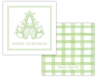 Gift Tag – Personalized Green & White Vine Monogram with Gingham Back | 3" Square | Set of 25