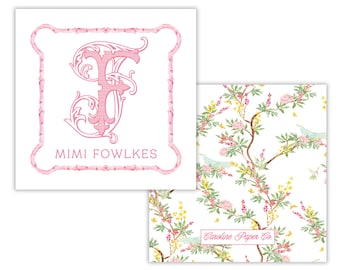 Gift Tag Set – Personalized Vine Monogram | Pink Bamboo Frame | Chinoiserie Floral Back | 3" Square