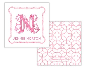 Gift Tag Set – Personalized Pink Bamboo Monogram | Trellis Pattern Back | 3" Square | Set of 25