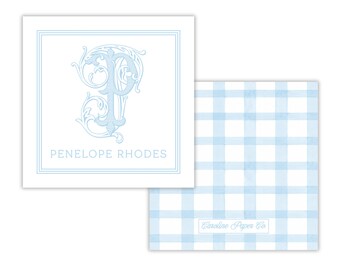 Gift Tag – Personalized Blue & White Vine Monogram with Gingham Back | 3" Square | Set of 25