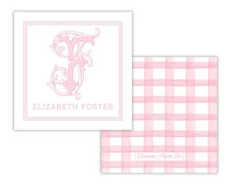 Gift Tag – Personalized Pink & White Vine Monogram with Gingham Back | 3" Square | Set of 25