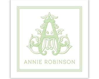 Sticker Set – Personalized Green & White Vine Monogram | 2.75" Square | Set of 24