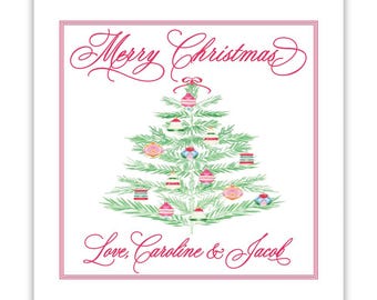 Juego de pegatinas: Árbol de Navidad de inspiración vintage / Cuadrado de 7 cm / Juego de 24