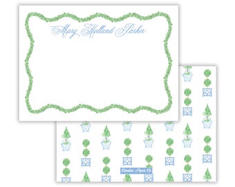 Juego de papelería / Tarjetas personalizadas con diseño de topiario y borde festoneado de guirnalda de boj / Papelería elegante con temática de jardín / 5x7 pulgadas / Incluye sobres