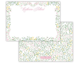 Juego de papelería / Tarjetas personalizadas con diseño floral rosa y verde / Papelería botánica elegante de Grandmillennial / 5x7 pulgadas / Incluye sobres