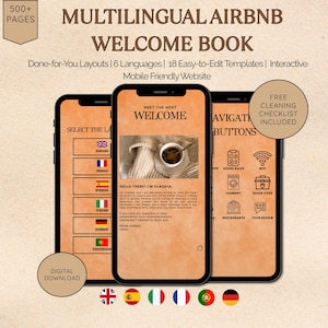 May include: A digital template for a multilingual Airbnb welcome book featuring 500+ pages, 18 easy-to-edit layouts, and an interactive mobile-friendly website. The design includes a cleaning checklist, language selection options, and navigation buttons.