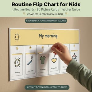 Puede incluir: Un conjunto digital Routine Flip Chart for Kids que incluye 3 tableros de rutina, 80 tarjetas con imágenes y una guía para el profesor. El tablero muestra un encabezado amarillo con el texto My morning, espacios numerados e iconos ilustrados para tareas diarias como despertarse, lavarse los dientes, vestirse, desayunar y ponerse los zapatos.