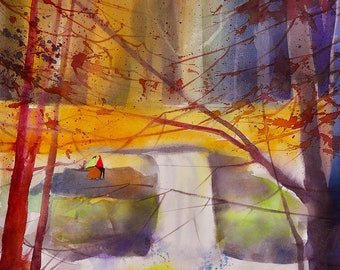 Enamórate de la acuarela, pintura de otoño, arte otoñal, impresión de paisaje, arte de otoño, arte de cascada, decoración de otoño, pintura de cascada