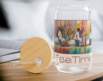 Tee Time Golfer Sipper 16oz Sipper Glass, Glass Coffee Cup, Father's Day Gifts, Gift for Golfer, Gift for Dad, Black Golfer, Black Golf