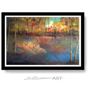 Herbst Cabin Aquarell Druck, Landschaftskunst, Cabin Art, Großes Gemälde, Herbst Kunst, Lake House Art, Bürodeko, Bürodekoration, große Wandkunst