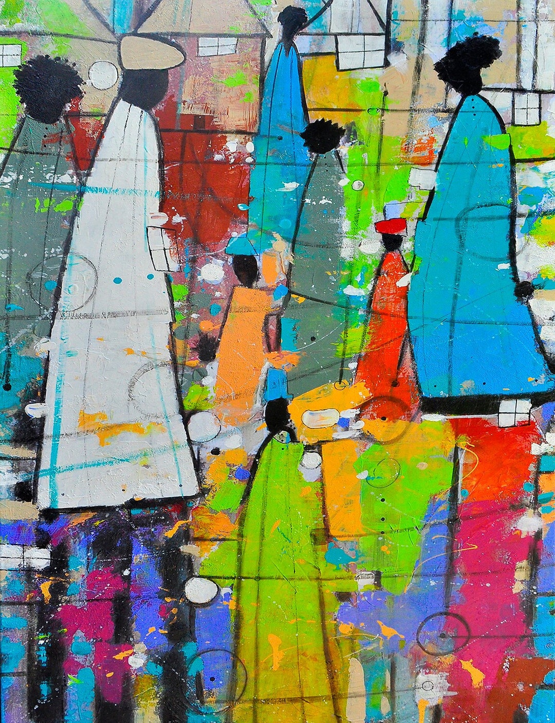 Colorful Community II Watercolor Print, African American Art, African