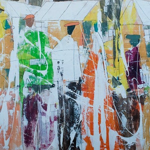 May include: Abstract painting with a colorful, layered style. The painting features figures with bright colors and geometric shapes. The background is a mix of white, yellow, and green.