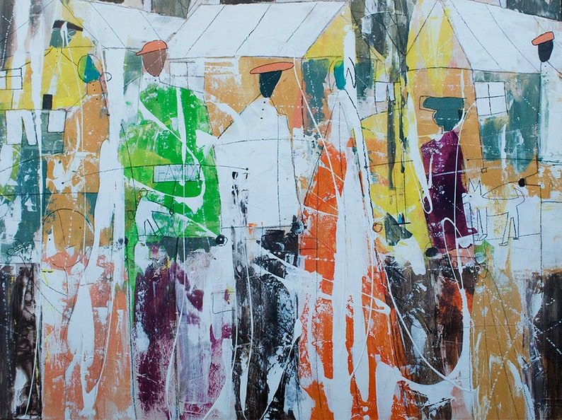 May include: Abstract painting with a colorful, layered style. The painting features figures with bright colors and geometric shapes. The background is a mix of white, yellow, and green.