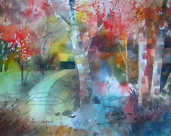 Lane to Peace Watercolor Painting, Landscape, Kitchen Wall Decor, Landscape, Office Wall Art, Lake House Art, Office Decor, Office Art