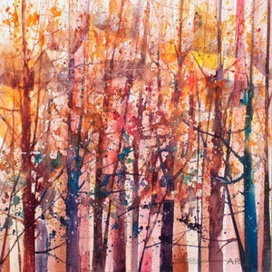 May include: Watercolor painting of a forest scene with a variety of trees in shades of orange, red, yellow, and blue. The trees are painted in a loose, abstract style, with the branches and leaves blending together.