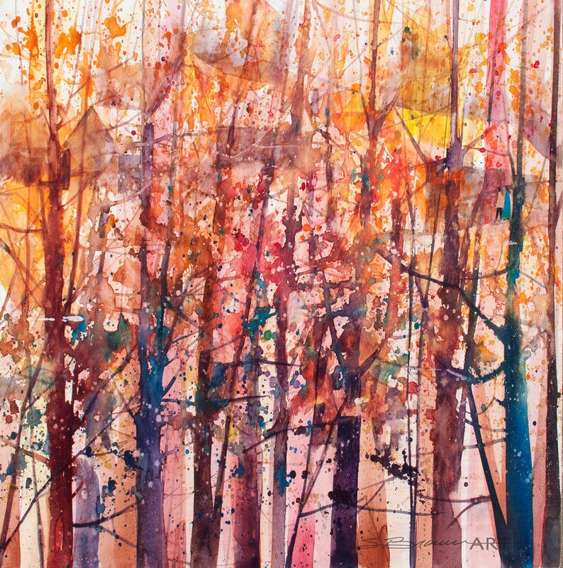 May include: Watercolor painting of a forest scene with a variety of trees in shades of orange, red, yellow, and blue. The trees are painted in a loose, abstract style, with the branches and leaves blending together.