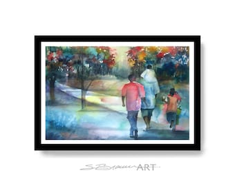 May include: Watercolour painting of three people walking in a park. The people are silhouetted against a colourful background of trees and foliage. The painting is done in a loose, impressionistic style.