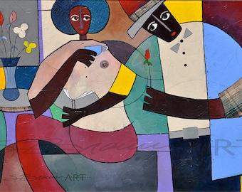 Classy Romance Watercolor Print, African American Art, Colorful Art, Home Decor Art, Large Wall Art, Black Art Print, Urban Art