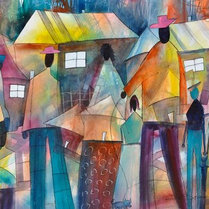 Community Affair Watercolor Print, African American Art, Colorful Art, Home Decor Art, Large Wall Art, Black Art Print, Urban Art, Wall Art image 2