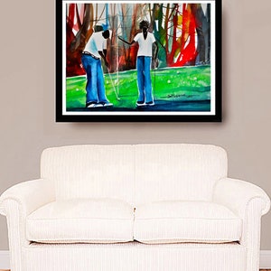 May include: A watercolor painting of two people playing golf on a green course. The painting is framed in black and has a white background.