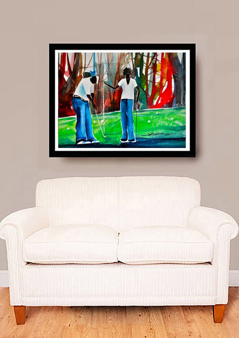 May include: A watercolor painting of two people playing golf on a green course. The painting is framed in black and has a white background.