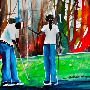May include: A watercolor painting of two people playing golf. The people are wearing white shirts and blue jeans. The background is a green field with trees in the background. The painting is signed "SBrown 2013..."