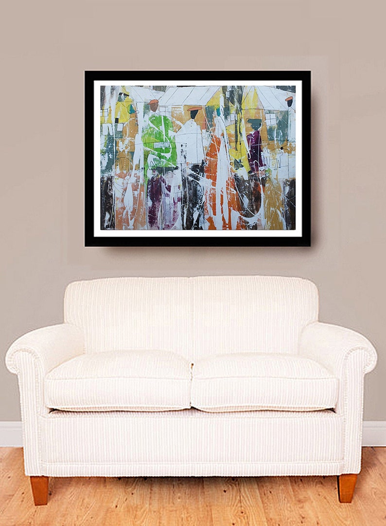 May include: Abstract painting of a group of people in a colorful, stylized setting. The painting features a mix of geometric shapes and bold colors, including green, orange, yellow, and purple.