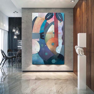 May include: Abstract art painting with geometric shapes in shades of blue, purple, orange, and brown. The painting features a large, curved shape in the center, surrounded by smaller shapes and lines.