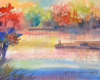 Lake Romance Watercolor Print, Landscape Print, Landscape Art Print, Landscape Wall Art, Gift for Her, Mother's Day, Printable Art, Wall Art