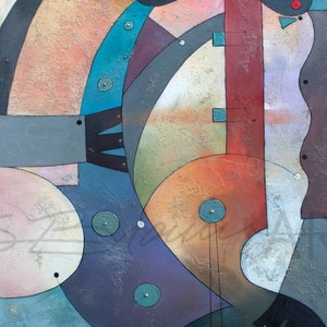 May include: Abstract painting with geometric shapes in shades of blue, green, red, and brown. The painting features two black figures with white eyes and red dots. The background is a textured, light beige color.