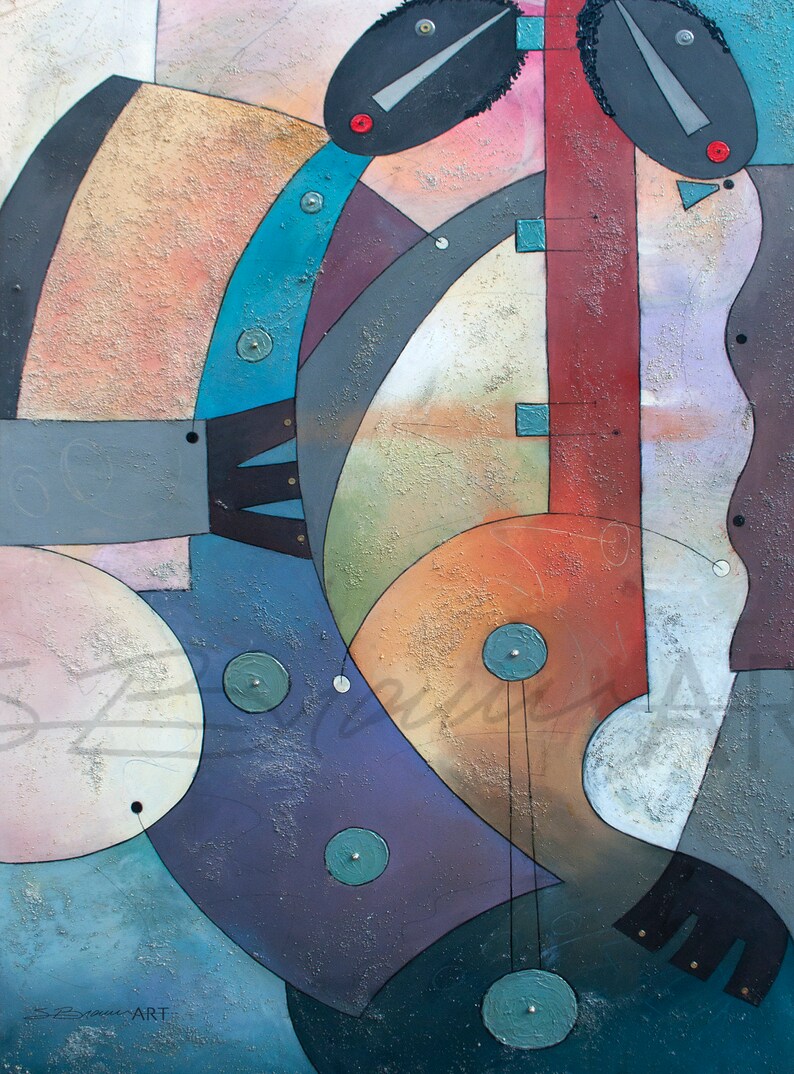 May include: Abstract painting with geometric shapes in shades of blue, green, red, and brown. The painting features two black figures with white eyes and red dots. The background is a textured, light beige color.