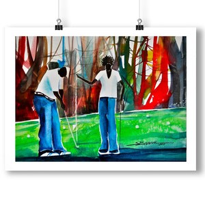May include: A watercolor painting of two people playing golf. The people are wearing white shirts and blue jeans. The background is a green field with trees in the background. The trees are painted in shades of red, orange, and green.