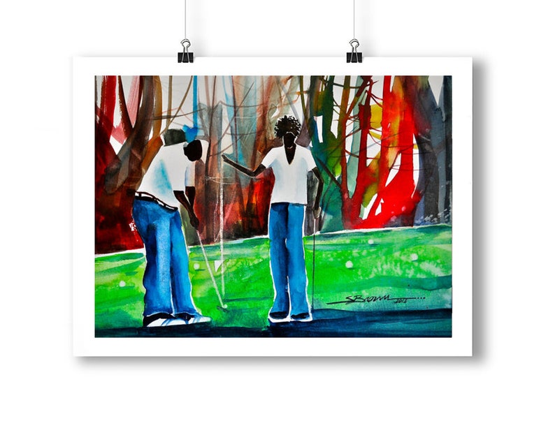 May include: A watercolor painting of two people playing golf. The people are wearing white shirts and blue jeans. The background is a green field with trees in the background. The trees are painted in shades of red, orange, and green.