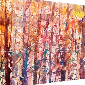 May include: Abstract watercolor painting of a forest scene with a variety of colors, including orange, red, yellow, blue, and green. The painting is done in a loose style, with brushstrokes visible throughout.