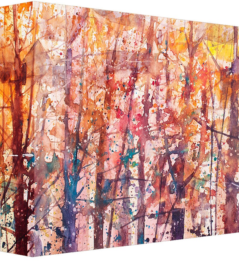 May include: Abstract watercolor painting of a forest scene with a variety of colors, including orange, red, yellow, blue, and green. The painting is done in a loose style, with brushstrokes visible throughout.