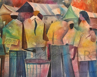 Cookout Watercolor Print, African American Art, Contemporary Art, Urban Art, Abstract Art, Family Reunion Art, Watercolor Art,Home Decor Art