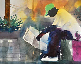 Getting Knowledge Watercolor Painting, African American Art, Contemporary Art, Urban Art, Abstract Art, Black Artwork, Large African Art