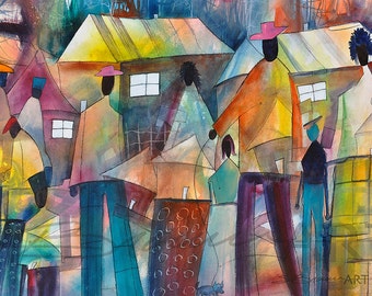 Community Affair Watercolor Print, African American Art, Contemporary Art, Watercolor Art, Home Decor Art, Urban Art, Large African Art
