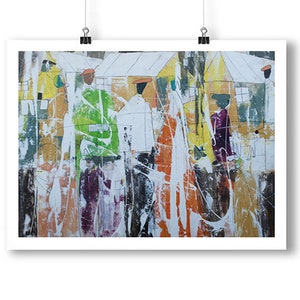 May include: Abstract painting of a group of people in a city setting. The painting is done in a colorful style with a lot of white paint splattered across the canvas. The people are all wearing different colored clothing and hats.