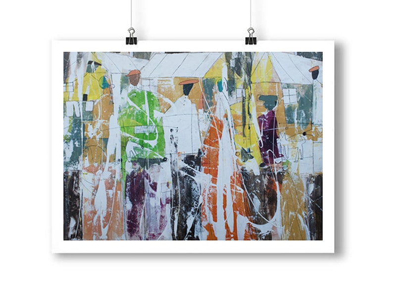 May include: Abstract painting of a group of people in a city setting. The painting is done in a colorful style with a lot of white paint splattered across the canvas. The people are all wearing different colored clothing and hats.