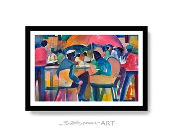 Downtown Dining Watercolor Print, Modern Artwork, Colorful Artwork, Home Decor Art, Large Wall Art, Cafe Art, Abstract Art, Office Artwork