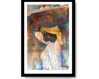 May include: Watercolour painting of a person carrying a basket on their head. The person is wearing a yellow headscarf and a white garment. The painting is done in a colourful style with shades of blue, yellow, orange, and brown.