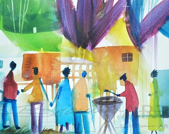 Watercolor Print, African American Art, Home and Living, Urban Art, Abstract Art, Family Reunion Art, Summer Art, Home Decor Art, Wall Art