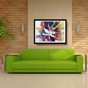May include: A green sofa with a framed abstract watercolour painting above it. The painting features a mix of purple, blue, yellow, and red colours.