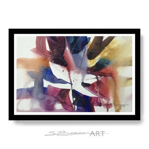 May include: Abstract watercolour painting with shades of red, purple, blue, and yellow. The painting features a central white shape surrounded by overlapping layers of colour.