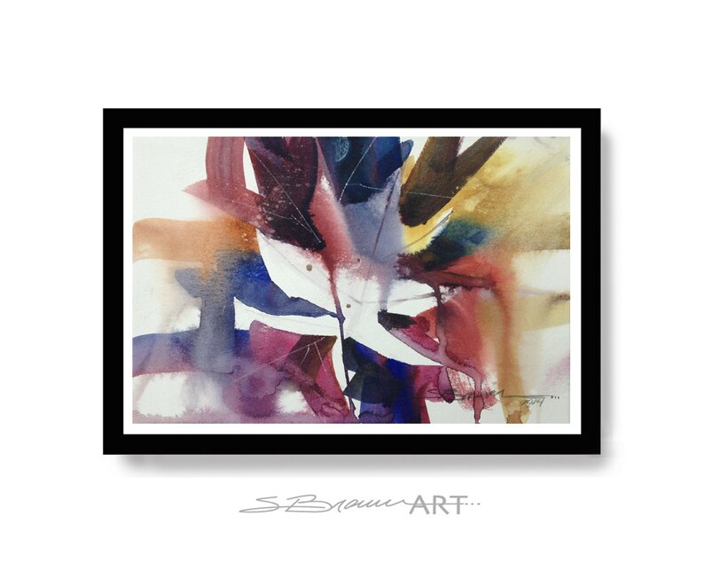 May include: Abstract watercolour painting with shades of red, purple, blue, and yellow. The painting features a central white shape surrounded by overlapping layers of colour.