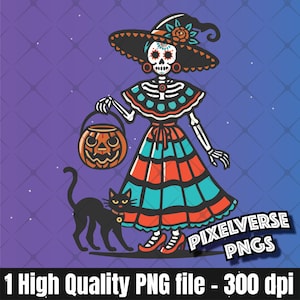 Dia de los Muertos Brujita Skelett mit schwarzer Katze und Jack-o-Lantern PNG | Tag der Toten Halloween Digitaler Download für T-shirts, DTG